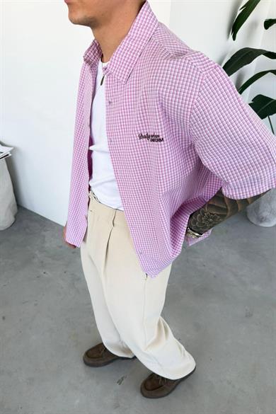 Pembe Daily Nakış Kareli Old School Oversize Gömlek