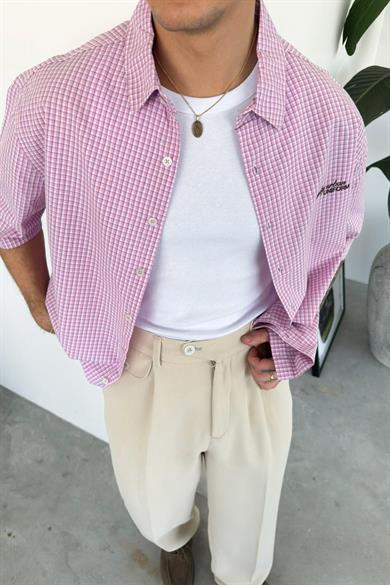 Pembe Daily Nakış Kareli Old School Oversize Gömlek