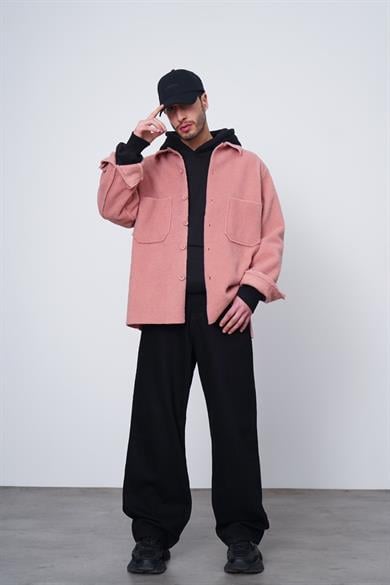 Pembe Kahverengi Ön Cep Detay GO Dokulu Kaşe Oversize Gömlek
