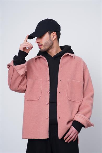 Pembe Kahverengi Ön Cep Detay GO Dokulu Kaşe Oversize Gömlek