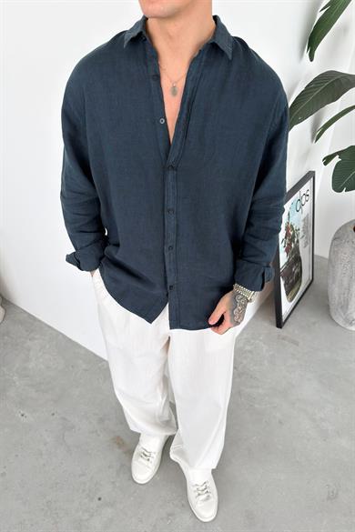 Petrol Basic Relaxed Ham Keten Gömlek