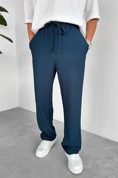 Petrol Beli Lastikli Fitilli Baggy Pantolon