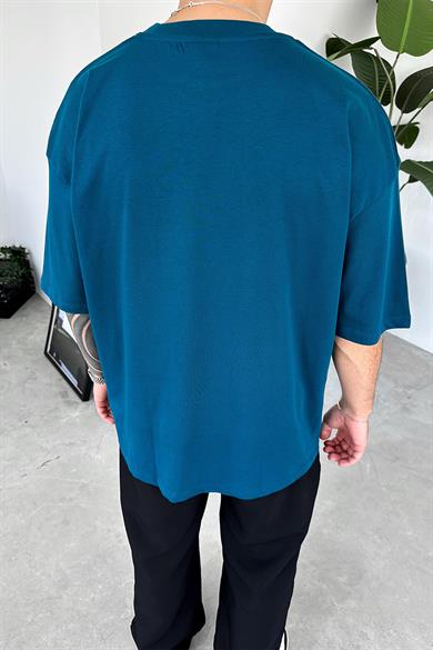 Petrol Minimal Tiger Baskılı Oversize Tişört