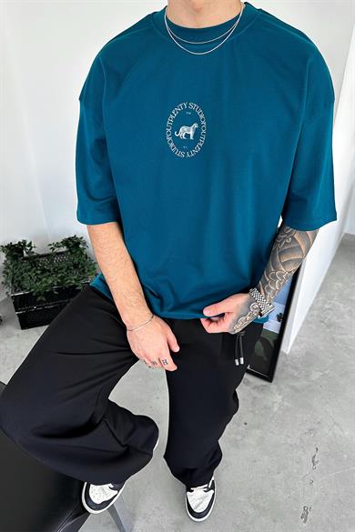 Petrol Minimal Tiger Baskılı Oversize Tişört