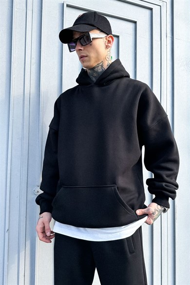 Premium Siyah Basic 3 İplik Şardonlu Oversize Sweatshirt