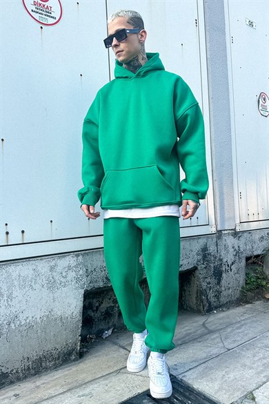 Premium Yeşil Basic 3 İplik Şardonlu Oversize Sweatshirt