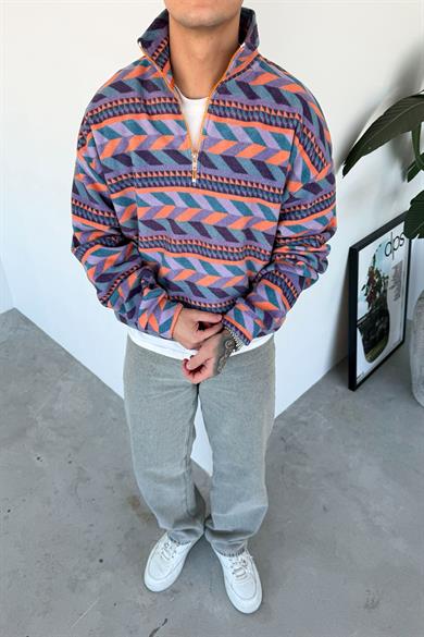 Renkli Etnik Desenli Yarım Fermuarlı Polar Sweatshirt