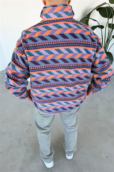Renkli Etnik Desenli Yarım Fermuarlı Polar Sweatshirt