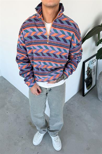 Renkli Etnik Desenli Yarım Fermuarlı Polar Sweatshirt