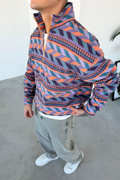 Renkli Etnik Desenli Yarım Fermuarlı Polar Sweatshirt