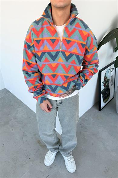 Renkli Geometrik Desenli Yarım Fermuarlı Polar Sweatshirt