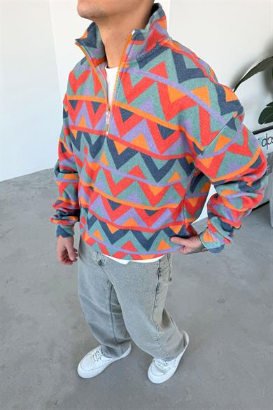 Renkli Geometrik Desenli Yarım Fermuarlı Polar Sweatshirt
