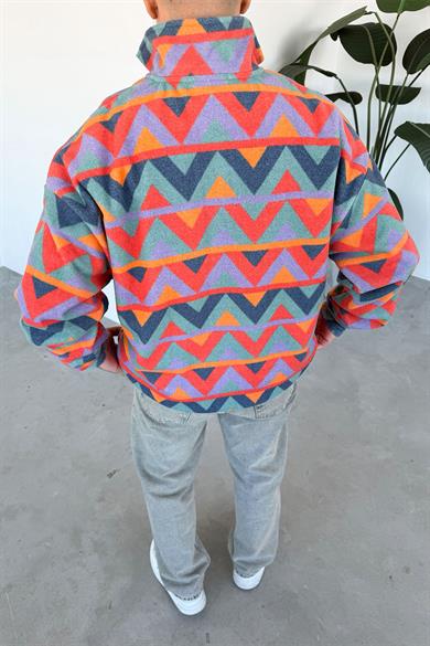 Renkli Geometrik Desenli Yarım Fermuarlı Polar Sweatshirt