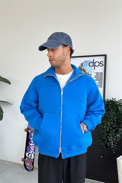 Saks Mavi Cozy Basic Çift Fermuar Oversize Sweatshirt