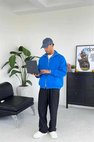 Saks Mavi Cozy Basic Çift Fermuar Oversize Sweatshirt