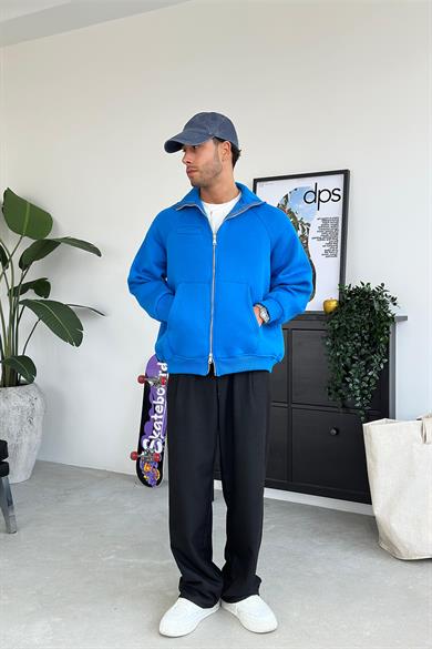 Saks Mavi Cozy Basic Çift Fermuar Oversize Sweatshirt