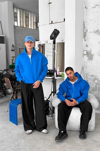 Saks Mavi Cozy Basic Yarım Fermuar Oversize Sweatshirt