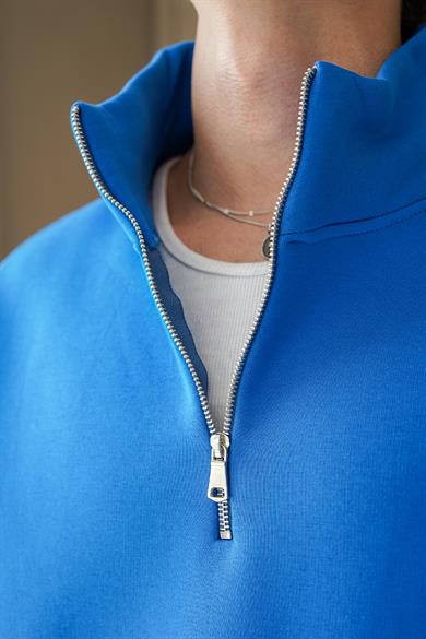 Saks Mavi Cozy Basic Yarım Fermuar Oversize Sweatshirt