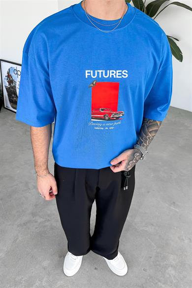 Saks Mavi Futures Baskılı Oversize Tişört