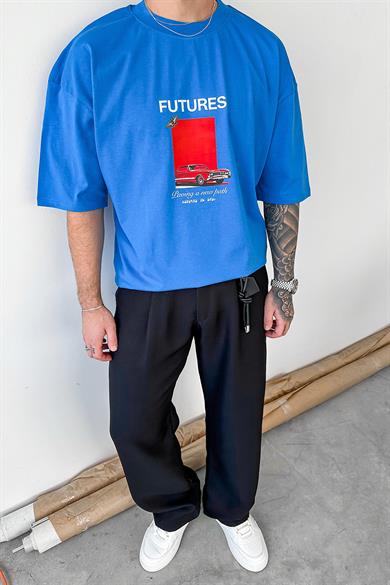Saks Mavi Futures Baskılı Oversize Tişört
