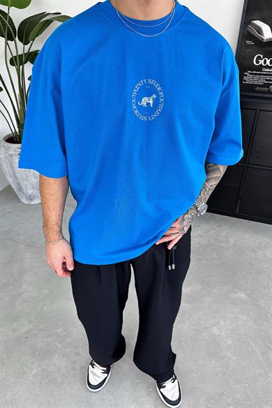 Saks Mavi Minimal Tiger Baskılı Oversize Tişört