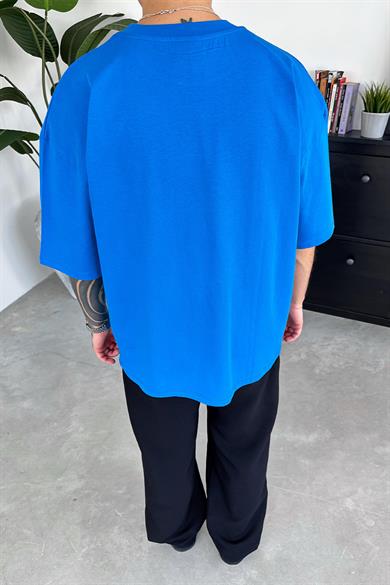 Saks Mavi Minimal Tiger Baskılı Oversize Tişört