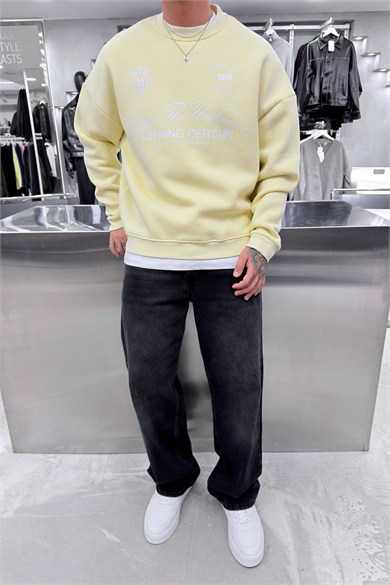 Sarı Nothing Baskılı Yıkamalı Oversize Sweatshirt