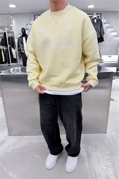 Sarı Nothing Baskılı Yıkamalı Oversize Sweatshirt