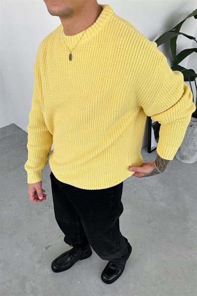 Sarı Örme Desen Oversize Triko Kazak