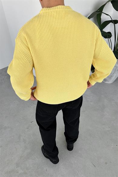 Sarı Örme Desen Oversize Triko Kazak