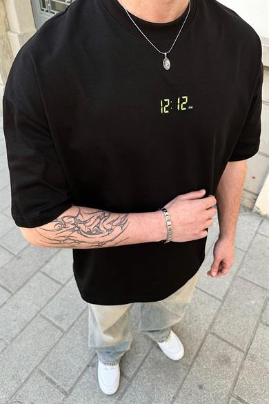 Siyah 12:12 PM Oversize Tişört