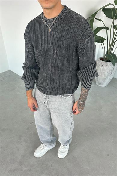 Siyah Acid Wash Fitilli Oversize Triko Kazak