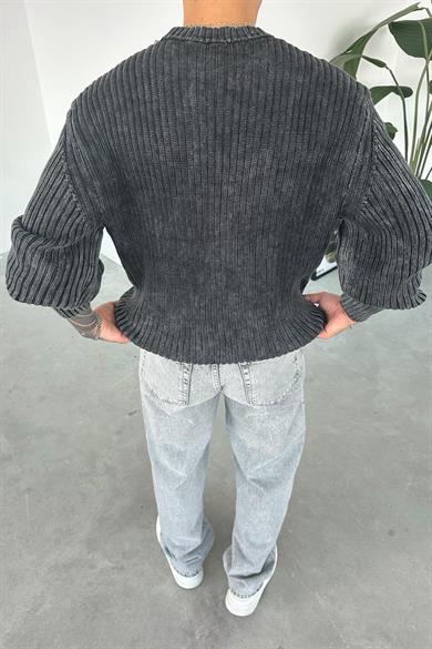 Siyah Acid Wash Fitilli Oversize Triko Kazak