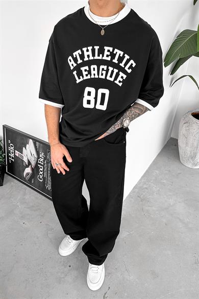 Siyah Atletic 80 Baskılı Oversize Tişört
