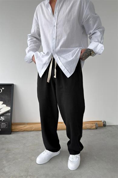 Siyah Baggy Keten Pantolon