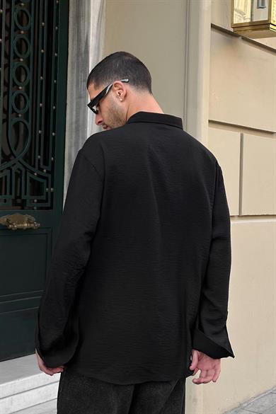 Siyah Basic A7 GO Oversize Keten Gömlek