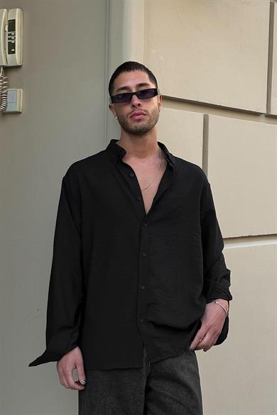 Siyah Basic A7 GO Oversize Keten Gömlek