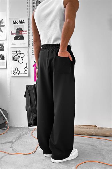 Siyah Basic Beli Lastikli Baggy Kumaş Pantolon
