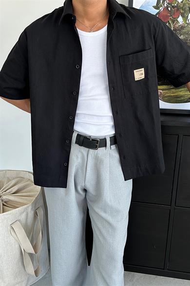 Siyah Basic Cep Patch Detay Kısa Kollu Oversize Gömlek