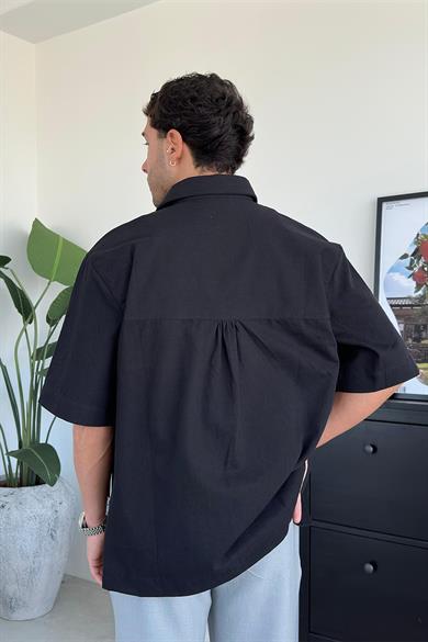 Siyah Basic Cep Patch Detay Kısa Kollu Oversize Gömlek