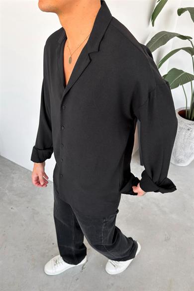 Siyah Basic Dokulu Relaxed Gömlek