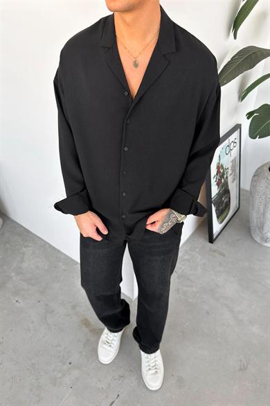 Siyah Basic Dokulu Relaxed Gömlek