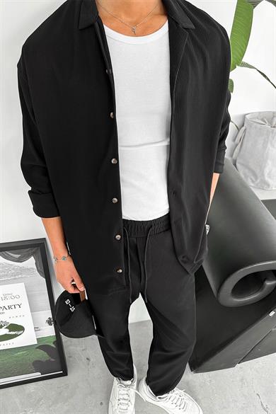 Siyah Basic Fitilli Likralı Relaxed Gömlek