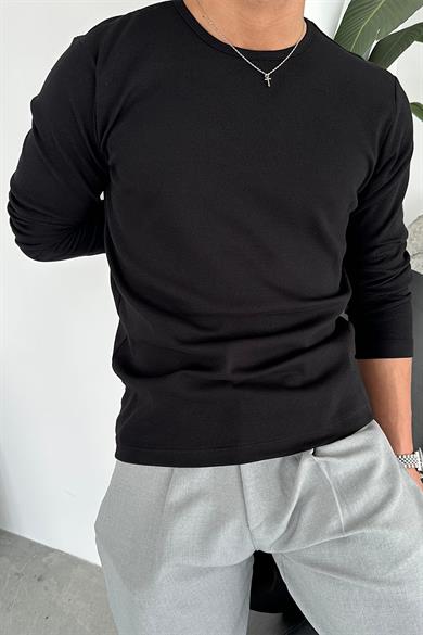 Siyah Basic Fitilli Relax Fit Uzun Kollu Tişört