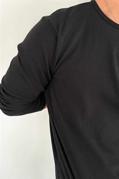 Siyah Basic Fitilli Relax Fit Uzun Kollu Tişört