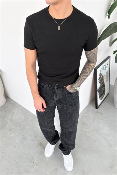 Siyah Basic Fitilli Relaxed Tişört