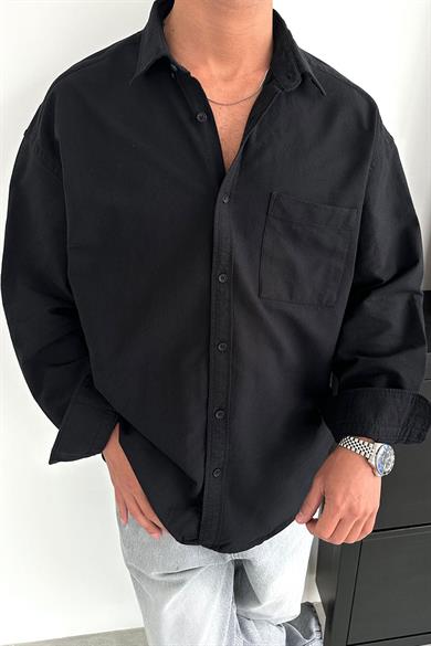 Siyah Basic Ön Cep Detay Oversize Gömlek