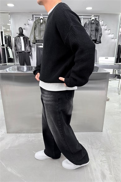 Siyah Basic Örgülü Oversize Triko Kazak