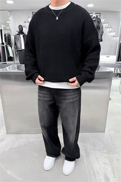 Siyah Basic Örgülü Oversize Triko Kazak