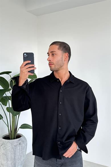 Siyah Basic Oversize Gabardin Gömlek